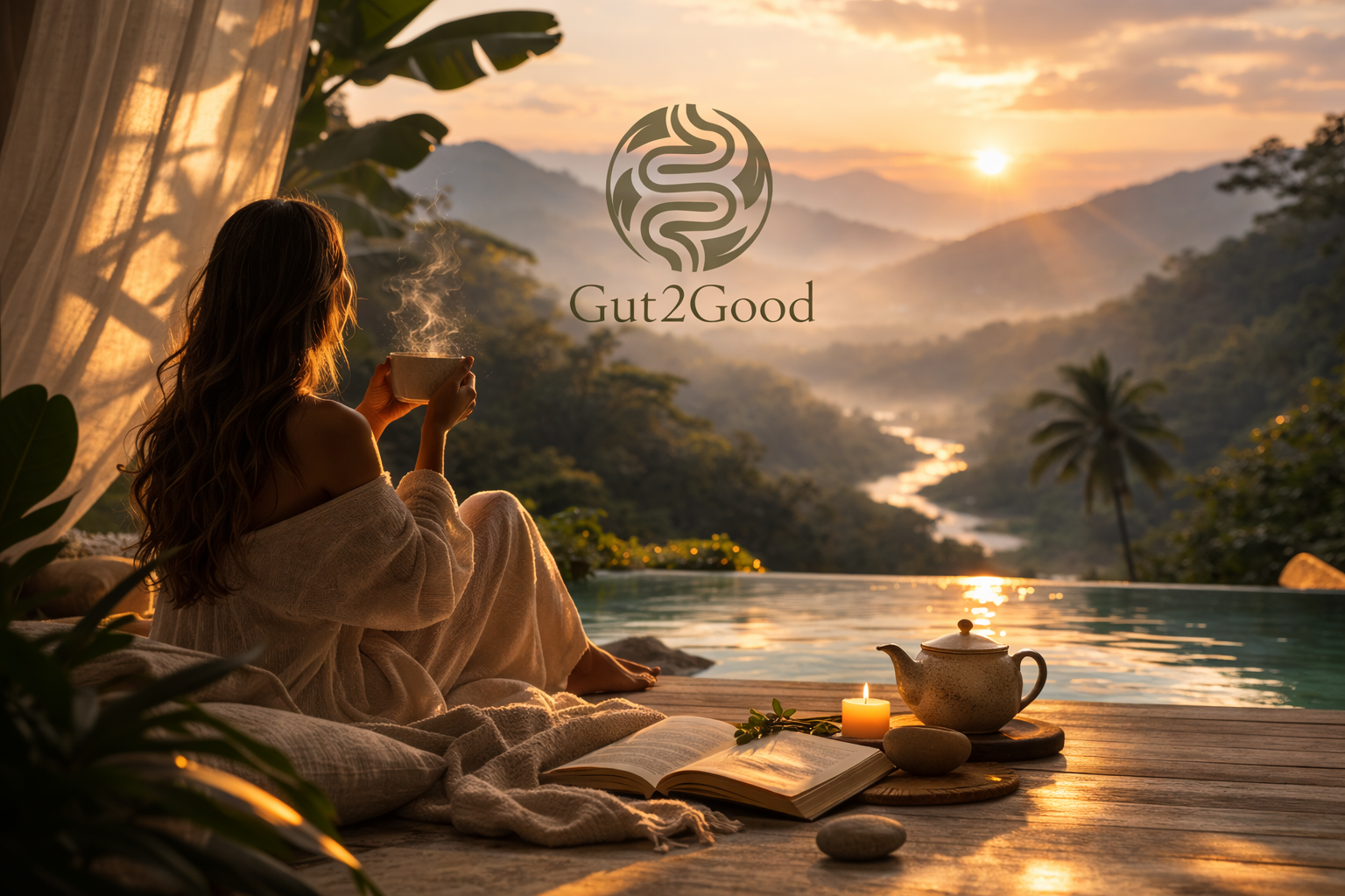 Person sitting by a pool with a scenic view, holding a cup, with 'Gut2Good' logo.
